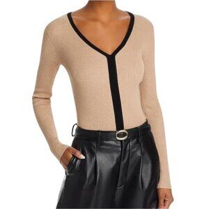 NWT T Tahari V Neck Ribbed Long Sleeve Sweater Small Almond MSRP $68